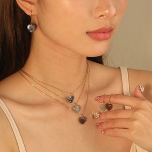 Heart Natural Stone Necklace And Earrings Gold Plated Stainless Steel Vintage Bohemian Jewelry For Women
