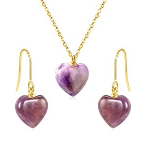 Elegant gold heart jewelry set featuring purple amethyst stone necklace and hook earrings