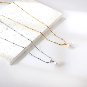 Freshwater Pearl Pendant Necklace Gold Plated Stainless Steel Minimalist Elegant Dainty Jewelry For Women