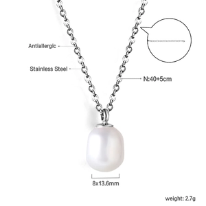 Detailed view of freshwater pearl pendant measuring 8x13.6mm on stainless steel chain