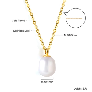 Detail of 8x13.6mm freshwater pearl pendant on a gold plated stainless steel chain necklace