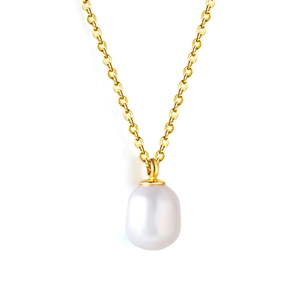 Minimalist gold link necklace with a single round white baroque pearl pendant