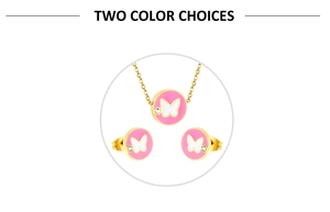 Close-up of pink butterfly necklace and earring set with gold finish and small crystal