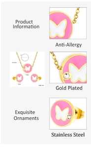 Detailed dimensions of pink butterfly necklace and earrings set in gold stainless steel