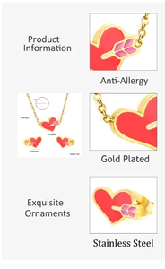 Detailed size specifications for gold plated stainless steel heart jewelry set