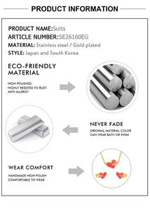 Detailed specs of stainless steel heart jewelry set showing hypoallergenic gold plating