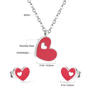 Detailed size specifications for stainless steel red heart necklace and earrings set