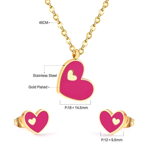 Golden stainless steel necklace and earrings jewelry set with red heart enamel charms