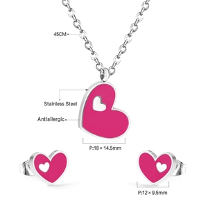 Detailed size specifications for pink heart pendant necklace and stud earrings set