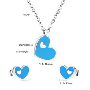 Detailed view of blue heart jewelry set with exact dimensions and stainless steel material
