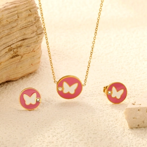 Butterfly Necklace And Earrings Stainless Steel Gold Plated Round Pink Enamel Zirconia Sweet Jewelry For Women