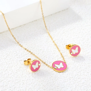 Pink enamel butterfly heart necklace and stud earring set with gold accents