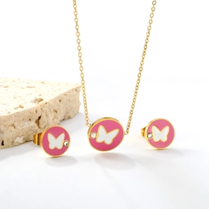 Pink butterfly jewelry set with round necklace and stud earrings in gold stainless steel