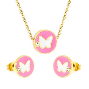 Golden butterfly necklace and earrings set with pink enamel and sparkling accents