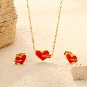 Heart Jewelry Necklace Earrings Stainless Steel Gold Plated Sweet Cupid Arrow Enamel Red Pink Women Girls Fashion Gift