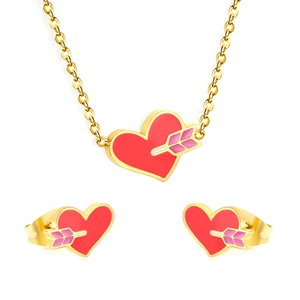 Red heart jewelry set featuring gold-plated arrow necklace and matching stud earrings