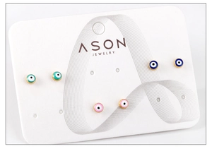 Ensemble de trois paires de boucles d'oreilles œil porte-bonheur en bleu, vert et rose