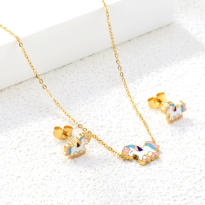 Rainbow unicorn jewelry set with gold necklace and matching stud earrings for girls