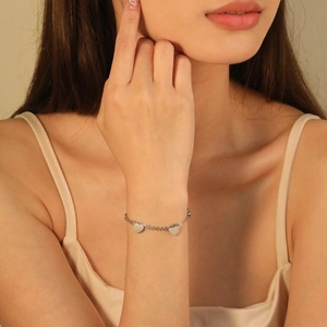 Minimalist double layer stainless steel heart charm bracelet for women in silver finish