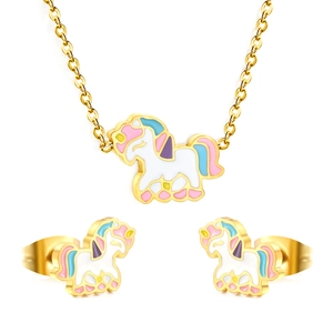 Rainbow enamel unicorn jewelry set with gold stainless steel necklace and stud earrings