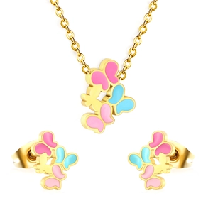 Fashionable butterfly jewelry set with pink and blue enamel necklace and earrings
