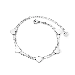 Double-layer stainless steel heart charm bracelet with adjustable lobster clasp