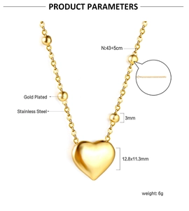 Détail du collier pendentif cœur plaqué or avec dimensions et spécifications du matériau