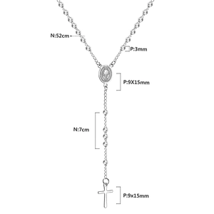 Tableau des tailles détaillé du collier chapelet en acier avec croix et médaille Marie