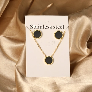 Round Black Shell Inlay Necklace And Stud Earrings Stainless Steel Minimalist Geometric Jewelry For Women