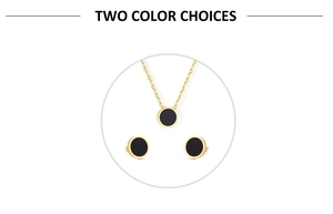 Detail of minimalist gold and black round necklace and stud earrings set for women