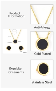 Detail view of black shell jewelry set featuring gold-plated stainless steel circular studs