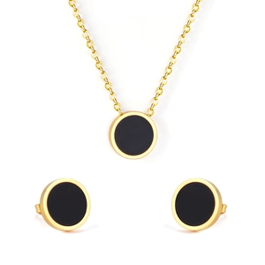 Minimalist black shell necklace and earrings jewelry set in polished gold stainless steel