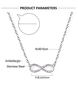 Close-up of infinity diamond pendant with 40+5cm adjustable chain and specifications