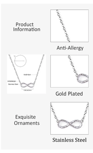 Detail view of infinity pendant necklace with cubic zirconia and anti-allergy features
