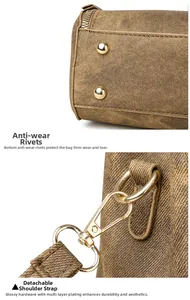 Detail of brown vintage texture bag with gold hardware and anti-wear bottom rivets