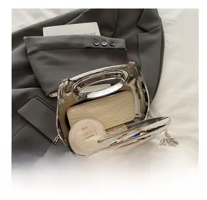 Silver mirror mini box bag interior view showing capacity for makeup and phone