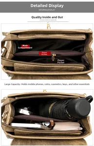 Detailed interior of vintage brown crossbody bag with multi-layer storage compartments