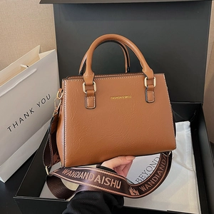 Women PU Leather Crossbody Bag Lychee Texture Top Handle Handbag Wide Jacquard Strap Fashion Square Daily