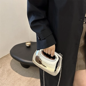 Silver mirror acrylic clutch bag with hollow handle and metal chain shoulder strap
