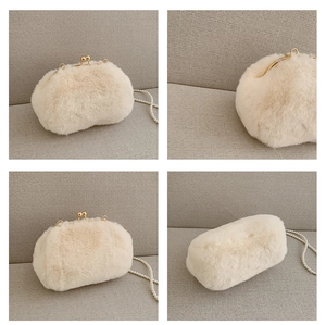 Detailed views of faux fur shell bag showing pearl strap and gold metal clasp