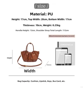 Spécifications détaillées de taille et dimensions du sac seau plissé marron sur fond blanc