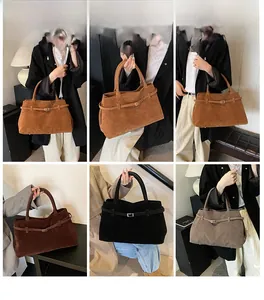 Collage of model carrying vintage frosted leather tote bags in four versatile colors