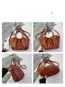Vues détaillées du sac cabas plissé marron montrant l'avant, l'arrière, le côté et le fond