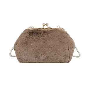 Winter plush brown shell handbag with faux pearl strap and gold clasp closure
