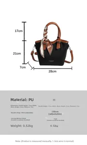 Tableau des tailles et spécifications détaillées pour sac seau noir en cuir PU avec dimensions