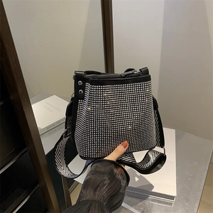 Women Rhinestone Bucket Bag PU Leather Full Diamond Wide Herringbone Strap Crossbody Shoulder Handbag Sparkling Fashion