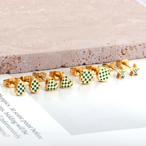 Gold Vergoldete Edelstahl Ohrstecker Grün Weiß Schachbrett Geometrisch Stern Herz Tropfen Für Damen Mode