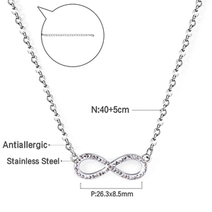 Antiallergic stainless steel infinity necklace with crystal pendant and adjustable chain