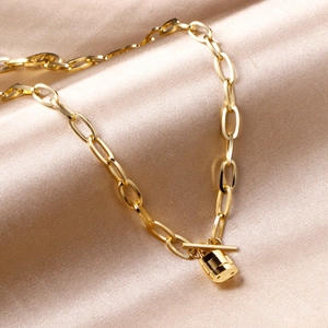 Stainless Steel Lock Pendant Necklace 18K Gold Plated Paperclip Link Chain Toggle Clasp Hip Hop Punk Jewelry