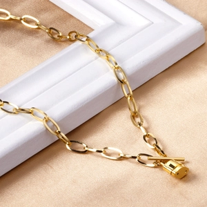 Polished 18K gold-plated paperclip chain necklace with heart lock pendant and toggle clasp